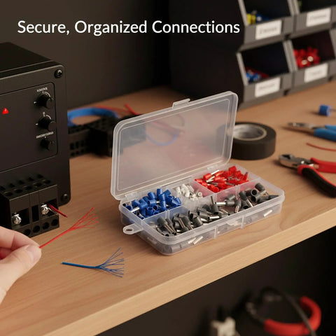 Ultimate 200 Piece Wire Ferrule Terminal Kit With Tinned Copper Crimp Connectors And Assorted Pre-Insulated Tube Terminals For Stranded Wiring To Prevent Fraying And Secure Electrical Connections Like A Boss. Open case with assorted ferrules and wiring bench