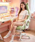 Woman sitting on Totally Cute Cat Ears Gaming Chair With Detachable Ears, Plush Cat Paw Lumbar Pillow, green setup, pink room