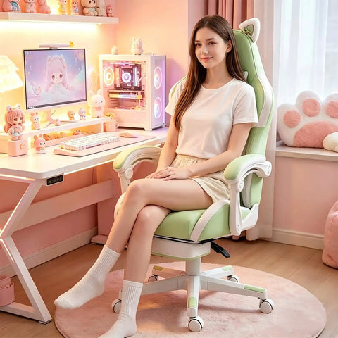 Woman sitting on Totally Cute Cat Ears Gaming Chair With Detachable Ears, Plush Cat Paw Lumbar Pillow, green setup, pink room