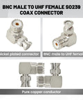 BNC Male to UHF Female SO239 Right Angle Coax Connector for Ham Radio CB Antenna and Scanner Gear, nickel plated, 2 pack