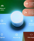 Wi-Fi Smart LED Light Bulb 1100 Lumens, Full RGBW Color, No Hub Required, HEV Antibacterial Mode, glowing on colorful surface