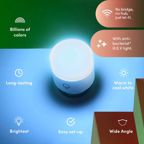 Wi-Fi Smart LED Light Bulb 1100 Lumens, Full RGBW Color, No Hub Required, HEV Antibacterial Mode, glowing on colorful surface