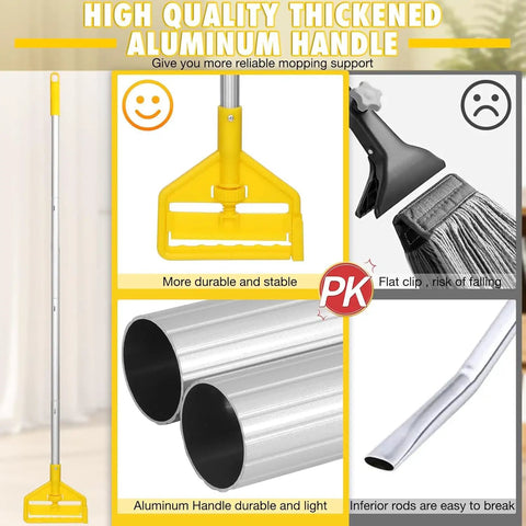 60 Inch Heavy Duty Mop Handle Featuring Upgraded Loop End Clamp And Smooth Grip Built Tough For Commercial Floors To Handle Heavy Scrubbing Tasks Without Breaking A Sweat, aluminum construction with yellow grip.