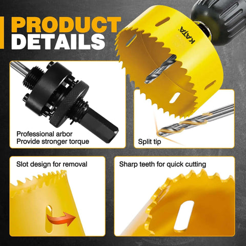 KATA 6-inch yellow hole saw kit for recessed lighting with dust bowl; includes arbor and split-tip drill bits