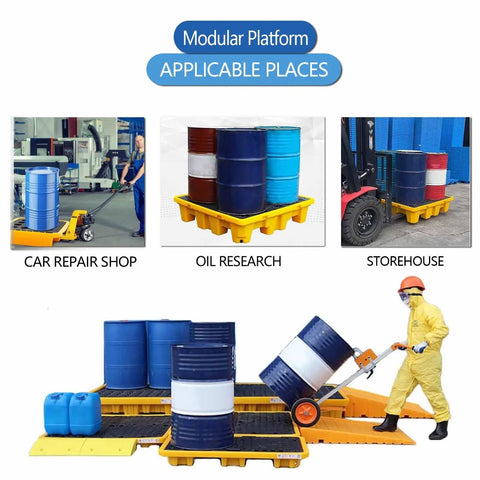 Heavy Duty Polyethylene Spill Containment Tray For Oil Drums With Drain, Industrial Stackable Spill Pallet in use at different locations