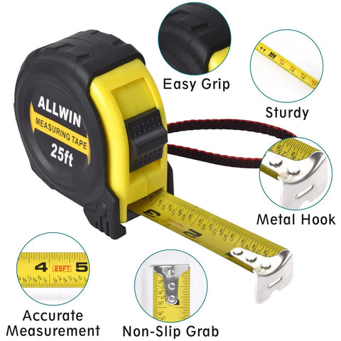 25 Foot Metal Tape Measure With Retractable Blade, 1 Inch Wide, Easy Read Fractions, Durable Wear Resistant Coating Built Tough For DIY Projects, Home Renovation, Carpentry, And Pro Handyman Use, black and yellow case with metal hook