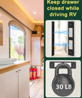 Ultra Thin 30 Lb Magnetic Cabinet Door Catch Set, 12 Pack Double Magnet Latches For Cabinets, Drawers, Wardrobe And Closet Doors, Strong Hold Cupboard Magnets For Secure, Quiet Closures shown in RV kitchen setting with 30 lb hold demo.
