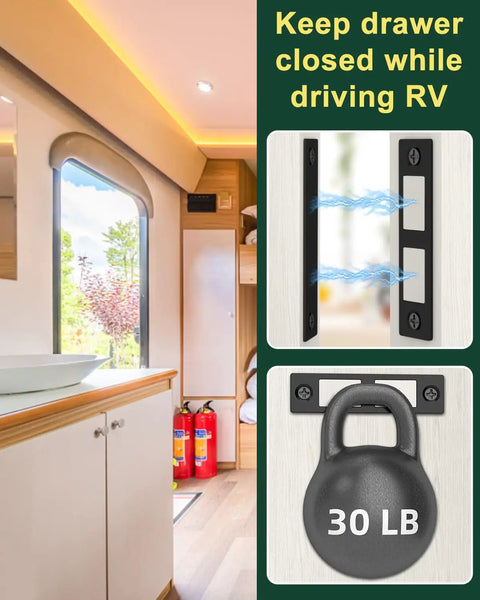 Ultra Thin 30 Lb Magnetic Cabinet Door Catch Set, 12 Pack Double Magnet Latches For Cabinets, Drawers, Wardrobe And Closet Doors, Strong Hold Cupboard Magnets For Secure, Quiet Closures shown in RV kitchen setting with 30 lb hold demo.
