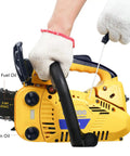 Person operating Top Handle Chainsaw Gas Powered 12 Inch Bar Tiny But Mighty Portable Little Saw 25.4cc 2 Stroke Engine