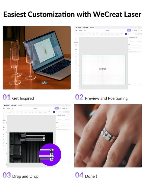 Customizing jewelry with WeCreat Laser showing design software, preview, engraving on metal ring