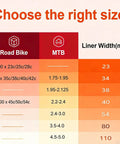 Bike tire size chart for road and mountain bikes, highlighting liner widths 23 to 110 mm for self adhesive bike tire liners.