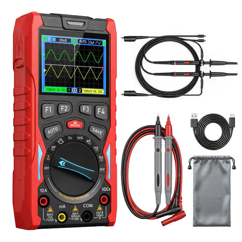 70MHz Dual Channel Handheld Oscilloscope And 3 In 1 Digital Multimeter With Signal Generator Pro Grade Performance 200 MSPS Sampling Rate 20000 Counts True RMS Type C Fast Charge Portable Black And Red with accessories