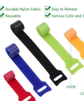 Reusable Hook And Loop Cable Ties Pack 60 Count Adjustable Cable Straps in 5 colors, shown flat with hook and loop closure detail