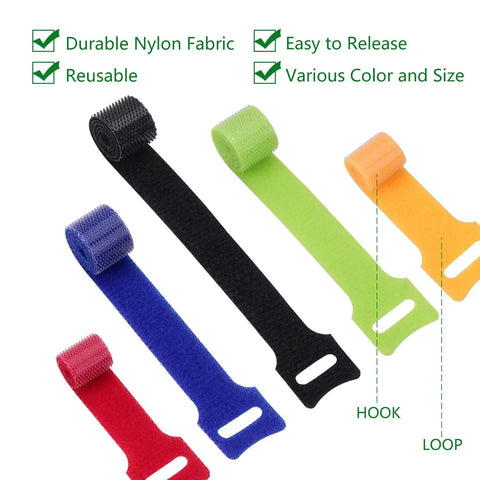 Reusable Hook And Loop Cable Ties Pack 60 Count Adjustable Cable Straps in 5 colors, shown flat with hook and loop closure detail