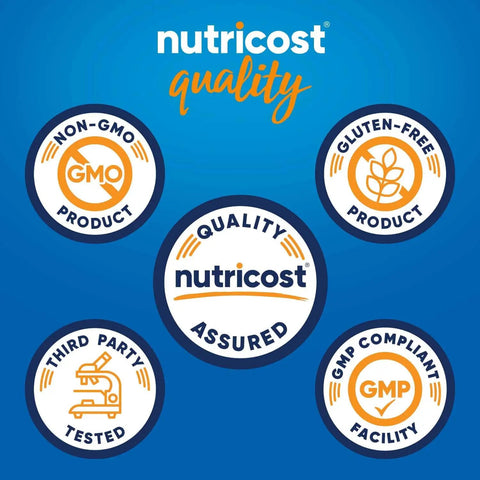 Nutricost quality seals for non-GMO, gluten-free, third-party tested, and GMP compliant product.