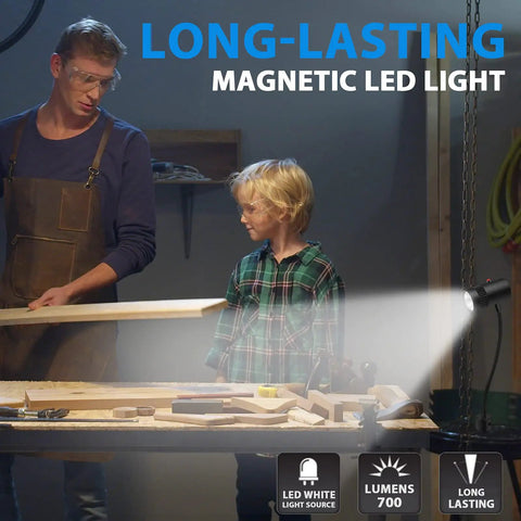 Father and son using Magnetic LED Flexible Work Light With Pro Grade Gooseneck And Magnetic Base For Workbench And CNC Machines.