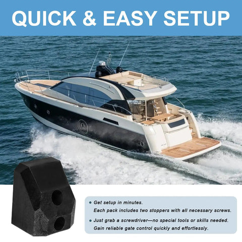 Heavy Duty Pontoon Gate Stop And Door Keeper Hardware Kit Pack Of 2 for boat deck gates, dual function black stopper with text overlay