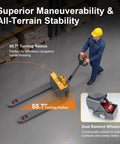ApolloLift Heavy Duty Electric Pallet Jack 4400 Lb Capacity With 48 X 27 Forks designed for cold storage, showing 55.7" turning radius.