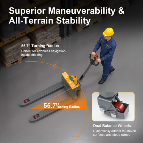 ApolloLift Heavy Duty Electric Pallet Jack 4400 Lb Capacity With 48 X 27 Forks designed for cold storage, showing 55.7" turning radius.