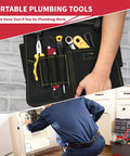 Plumber using tool kit for angle stop supply nut installations with various tools in a black pouch and tool box