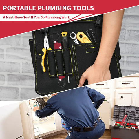 Plumber using tool kit for angle stop supply nut installations with various tools in a black pouch and tool box