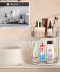 360 Degree Rotating Makeup Organizer With 2 Tier Lazy Susan Vanity Countertop Organizer For Skincare Haircare Perfume And Beauty Essentials In Classic Grey Easy Reach And Space Saving Convenience in use on bathroom counter