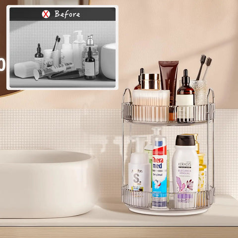 360 Degree Rotating Makeup Organizer With 2 Tier Lazy Susan Vanity Countertop Organizer For Skincare Haircare Perfume And Beauty Essentials In Classic Grey Easy Reach And Space Saving Convenience in use on bathroom counter