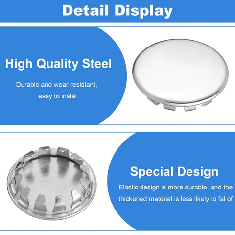 Twelve Pack Half Inch Round Stainless Steel Electrical Box Knockout Plugs display showing smooth high-quality steel finish and elastic design.