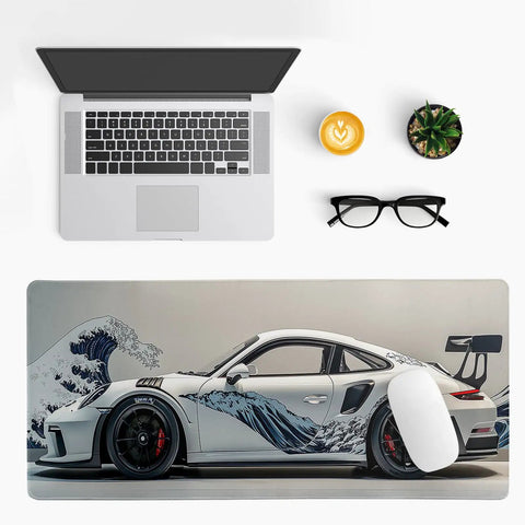 Ukiyoe Style Sports Car Themed Large Gaming Mouse Pad Desk Mat 31.5 By 11.8 Inches With Non Slip Rubber Base for workstations