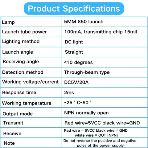 Ultra Fast Infrared Break Beam Sensor Kit With 5mm LEDs Count Module Through Beam Photoelectric Switch 5V NPN Normally Open specs
