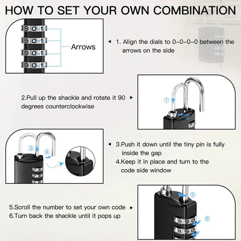 Instructions for setting combination on 40 Pack Four Digit Combination Padlocks For Luggage And Lockers, Waterproof Outdoor Resettable Locks.