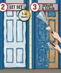 Step-by-step guide for using Kickass Heavy Duty Paint And Varnish Stripper Gel For Wood And Metal on doors.