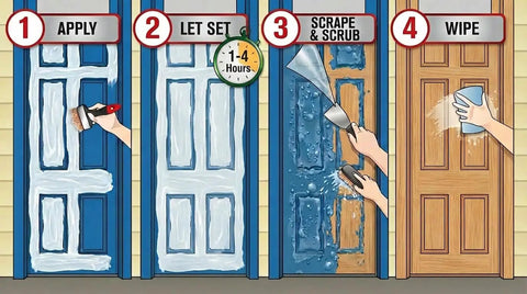 Step-by-step guide for using Kickass Heavy Duty Paint And Varnish Stripper Gel For Wood And Metal on doors.