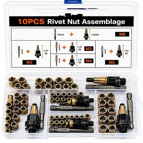 Heavy Duty Carbon Steel Rivet Nut Tool Kit With M3 To M8 Interchangeable Mandrels And Nutserts For Quick Durable DIY Friendly Threaded Insert Installations In Metal Aluminum And Sheet Steel Projects, 10-piece case