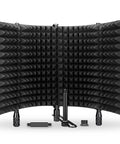 Top Shelf Microphone Isolation Shield with Snap Fit Pop Filter, black acoustic foam, includes mounting hardware for portable use.