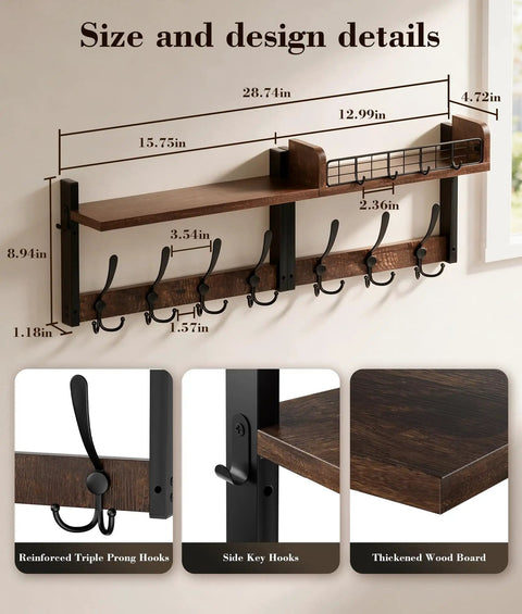 29 Inch Modular Coat Rack Wall Mount With Shelf And Seven Triple Hooks Straight Up Designed To Handle Your Daily Grind Keep Entryway Neat While Grabbing Coats Jackets And Bags On The Fly Brown size and design details with measurements