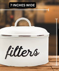 Basket Style White Enamel Coffee Filter Holder, The Go To Rustic Farmhouse Distressed Look, Shabby Chic Kitchen Organizer For Paper Filters, Enamelware Storage Container, Vintage Kitchen Decor with lid and handle, 7 inches wide, 6 inches tall.