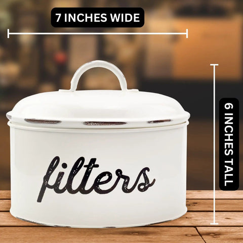 Basket Style White Enamel Coffee Filter Holder, The Go To Rustic Farmhouse Distressed Look, Shabby Chic Kitchen Organizer For Paper Filters, Enamelware Storage Container, Vintage Kitchen Decor with lid and handle, 7 inches wide, 6 inches tall.
