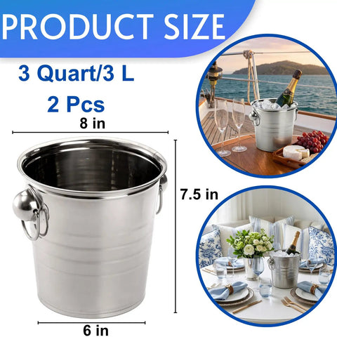 Two Pack 3 Quart Stainless Steel Ice Buckets With Handles, Wide Rim Beverage Tubs For Beer And Wine, Party Chill Kit For Indoor Outdoor Use, Rust Resistant Bar Accessory For Home And Gatherings