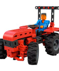 Advanced Tractors Construction Set With 130 Pieces For Three In One Models Realistic Axle Steering Included Figure STEM Learning For Classroom Homeschool Or Playroom Kid Friendly Fully Compatible With Other Sets For Endless Building Fun. Red tractor model with figure and large tires