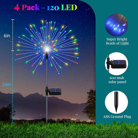4 Pack Solar Garden Lights With 120 LED Starburst Effects on a stand with solar panel and ground plug, night view