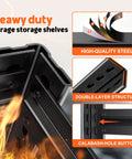 Close-up of heavy duty garage shelving unit parts, showing high-quality steel and double-layer structure