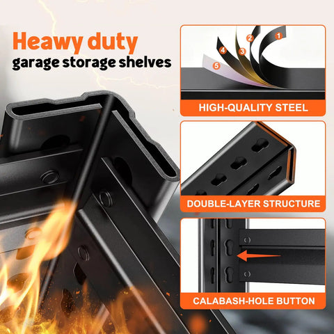 Close-up of heavy duty garage shelving unit parts, showing high-quality steel and double-layer structure
