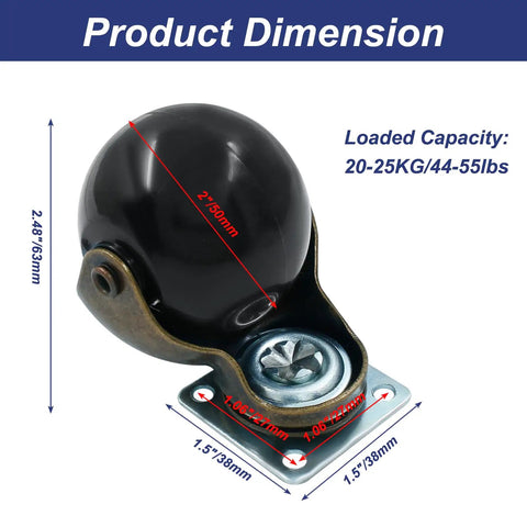 2 Inch Ball Caster Wheels, Vintage 360 Degree Swivel Furniture Casters With Antique Top Plate, shown with dimensions