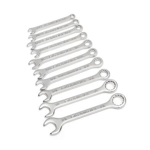 Ten Piece SAE Midget Wrench Set With 12 Point Box End And 6 Point Box End, Alloy Steel Construction, laid out from smallest to largest