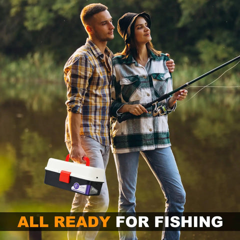 Couple fishing by lake with 3 Layer Tackle Box With Tackle Included, 321 Pcs Lure Kit, featuring pliers and accessories