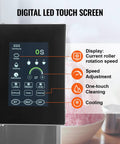 Digital LED touch screen of Built Different Commercial Snowflake Ice Machine, showing rotation speed and settings.