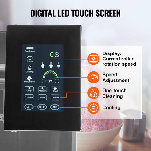 Digital LED touch screen of Built Different Commercial Snowflake Ice Machine, showing rotation speed and settings.