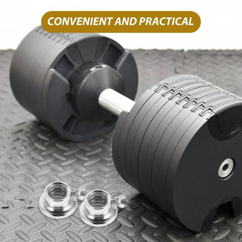 Two Pack Steel Barbell Collars And Dumbbell Clamps With Anti Slip Screw Locks beside adjustable dumbbell on gym mat