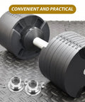 2 Pack Barbell Collar Screw Clamps No Slip Dumbbell Weight Clamps Steel Lock Nuts next to adjustable dumbbell on gym mat